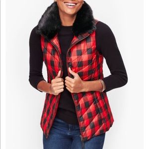Buffalo plaid puffer jacket with faux fur